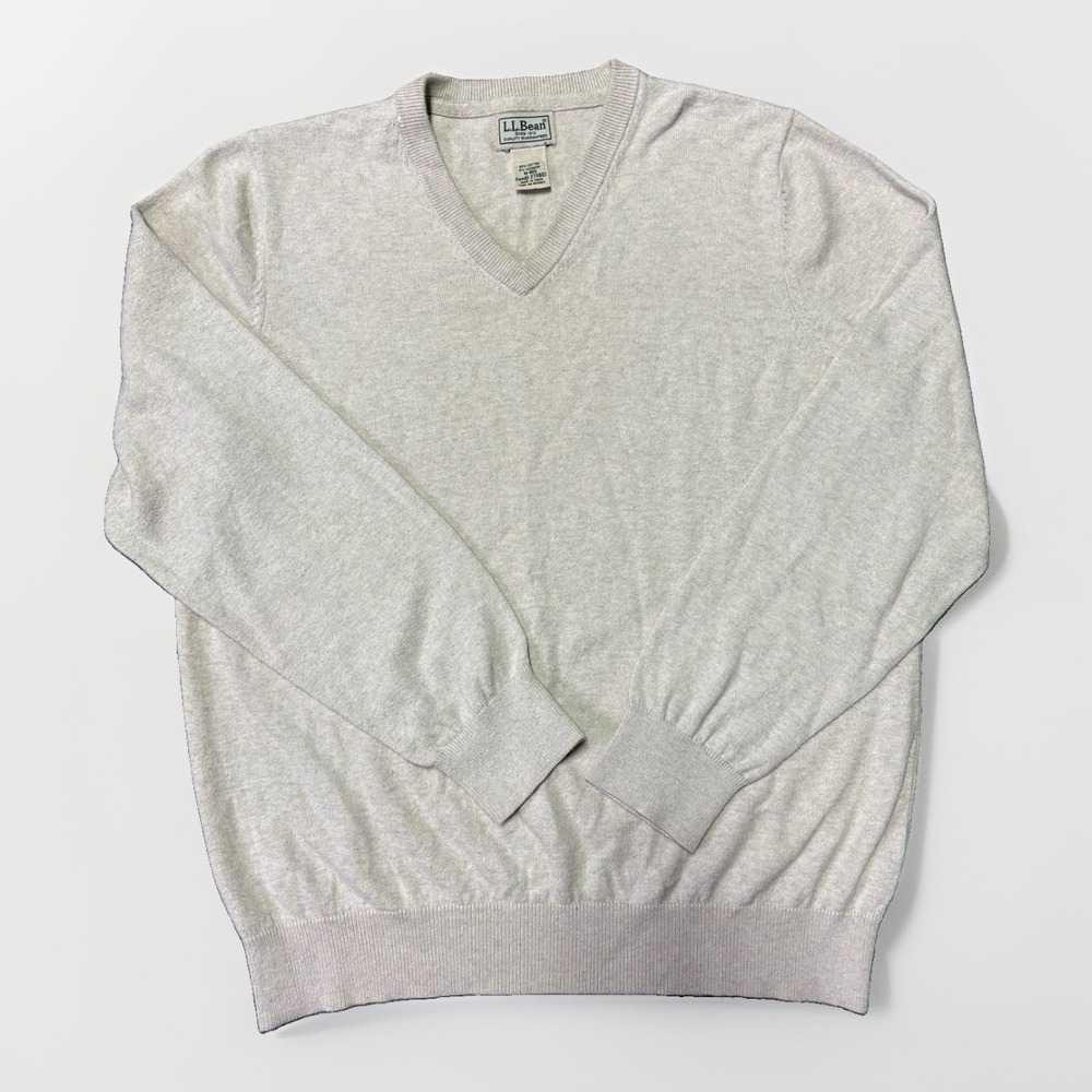 LL Bean Mens Off White Cotton Cashmere V-Neck Sweater Size Medium 274603